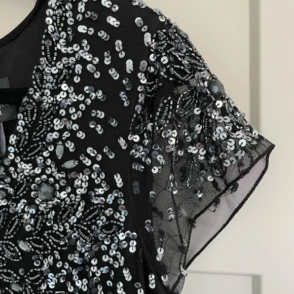 Sz 14 Adrianna Papell beaded chiffon black floor-length gown, V-neckline, NWT - Picture 11 of 14